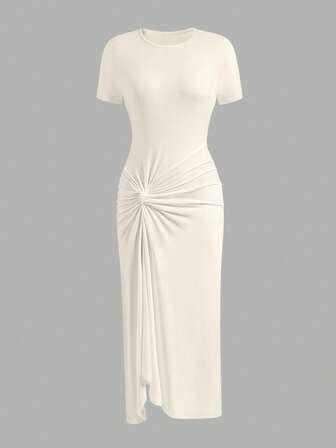 Vestito midi elegante con spacco alto, taglio a vita attorcigliat, vestito aderente e fasciante donna taglia curvy