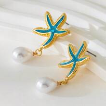 1 par de pendientes decorados con perla, pendientes para fiesta de playa con concha y elementos, pendientes multicomponentes con perla y rhinestone, pendientes con tema de playa, pendientes dulces y elegantes decorados con perla y rhinestone, regalo de joyería de alta gama para damas en citas de playa, verano