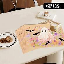 4/6pcs Halloween Ghost, Pumpkin, Bat Print Placemat Set, Woven Polyester Rectangle Tablecloths, Hand Wash Only, Kitchen & Home Decor, Indoor Outdoor Dining Decor - Multicolor - View 16