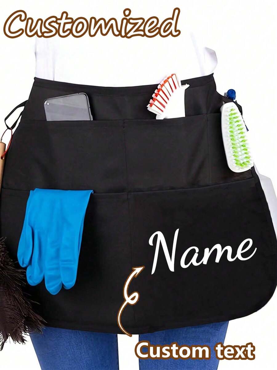 1Pc Personalized Custom Unisex Polyester Apron With 2 Pockets - Customizable Short Half Waist Waiter Work Uniform Hair Stylist Black Apron Hairdresser Beauty Salon Cosmetologist Cosmetology School Barber Gift Custom, For Kitchen, Hotel, Restaurant, Cooking, Baking, And Chef Use, Perfect For Personalized Text Or Logo, Multi-Functional, Stylish, High-Quality, Office, For Valentine's Day, For Mother's Day, For Father's Day, For Graduation, For Weddings, For Housewarming,Warm Ambience,Xmas Decoration,Elegant Living ,Forever Love - Black - View 1