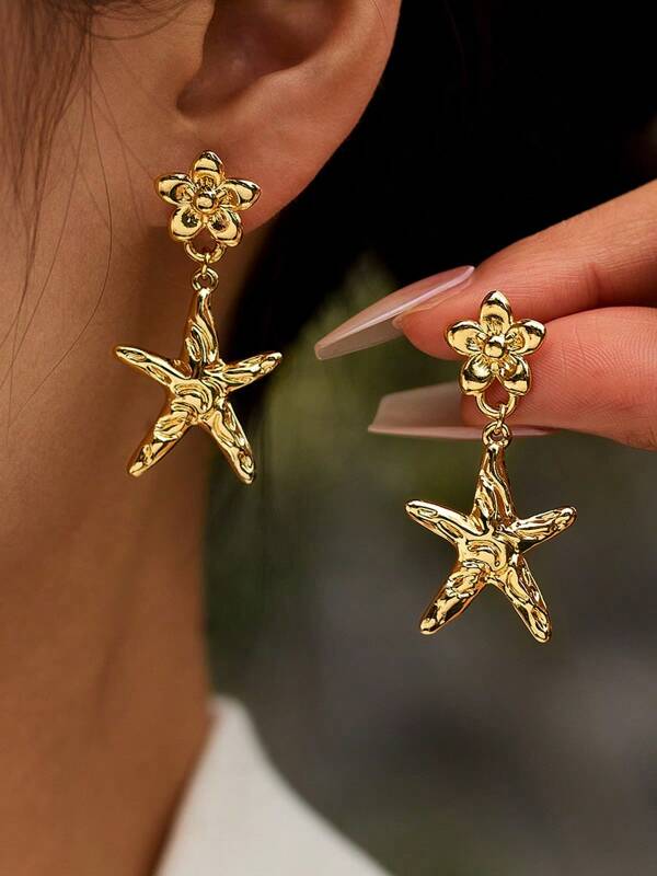 1 par de aretes colgantes de metal con estrella de 5 puntas de moda para mujer, apropiados para uso diario