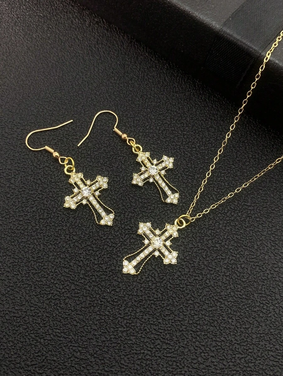1 ketting + 1 paar oorbellen, donkere stijl, diamanten kruishanger, oorbellen, opengewerkte punkstijl sieradenset voor dames