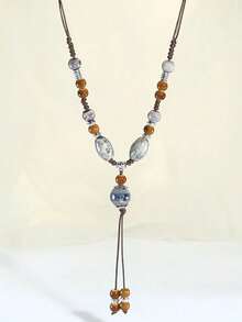 1pc New Exaggerated Bohemian Long Colorful Beaded Metal Asymmetrical Geometric Pendant Necklace Jewelry (The Product Material Is Ceramic, Which Will Be Heavier Than Regular Resin/Plastic)