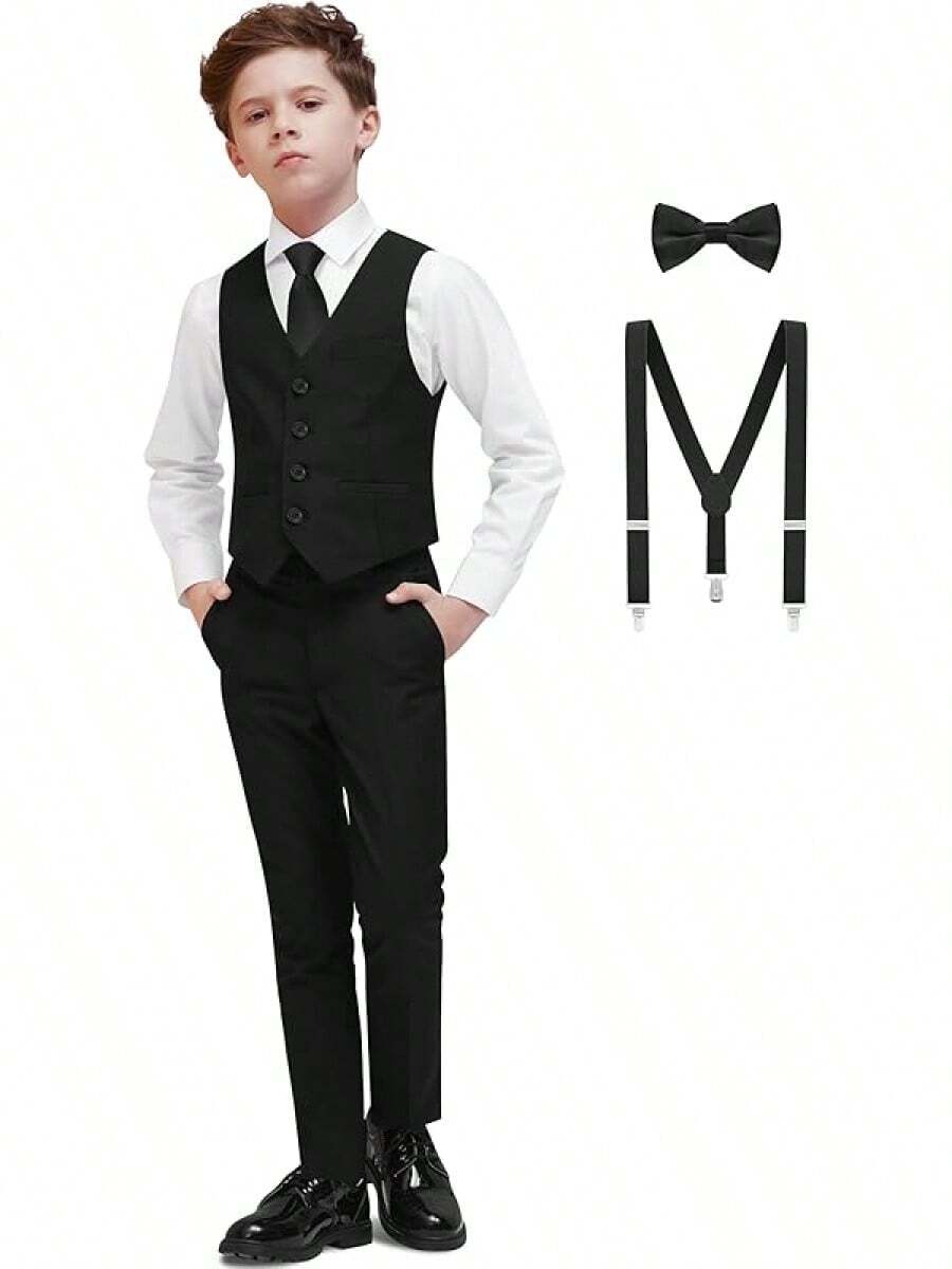 Boys Formal Suit Set - Suspenders Adjustable Waist Ring Bearer - 黑色背心 - 查看 1