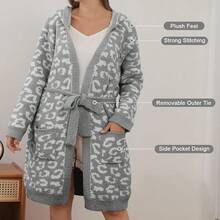 Bearberry Hooded Robe Cozy Leopard Robe Lightweight Soft Plush Bathrobe With Pockets For Women - Putih - View 7