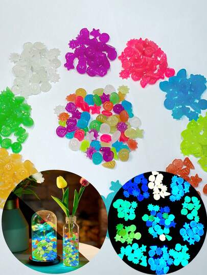 200 PCS Mini Glow-In-The-Dark Cute Shell Animals For Garden, Suitable For Garden Decoration, Vase Decoration, Aquarium Decoration, Light-Absorbing Color-Changing Beads, Suitable For Home Garden And Aquarium Fish Tank Tabletop Decoration (Mixed Styles Randomly Shipped, Without Holes)