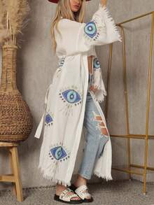 Cotton Gauze Print Kimono - 白色 - 查看 1