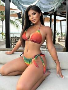 SEGT Women's 3 Piece Swimsuit Halter Side Tie Thong Bikini Set With Cover Up Skirt - Grey Multi - 查看 9