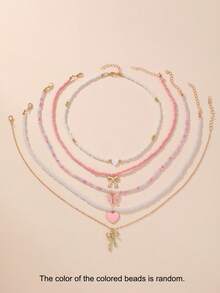 5pcs/Set Fashionable Cute Bow, Heart, Butterfly Pendant Colorful Beaded Necklace Set, Girls Gift, Random Color - Multicolor - View 4