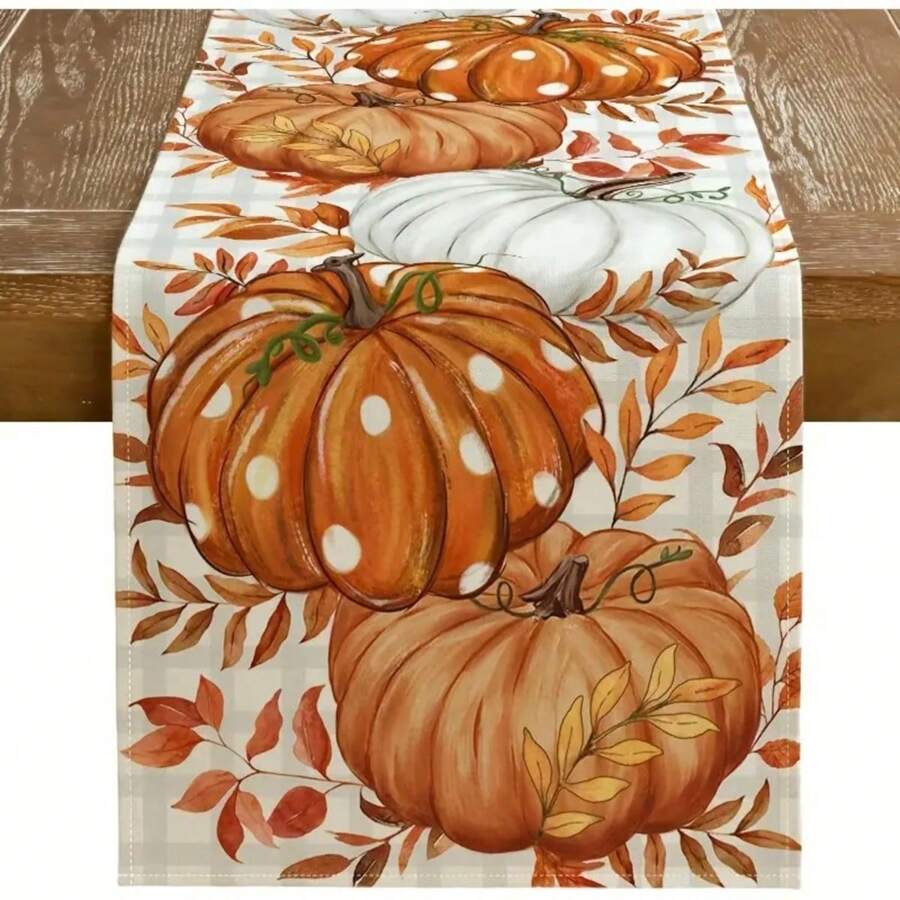 1pc Autumn Pumpkin And Leaf Patterns Table Runner, Fall Themed Linen Table Cloth, Ideal For Home Kitchen Decor, Farmhouse Home Decoration Fall Decor Halloween Autumn Decor