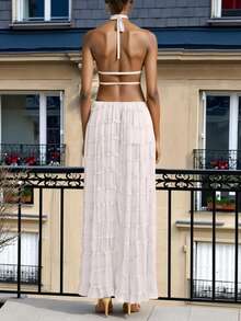 2pcs Chiffon Layered Ruffle Lace Trim Backless Camisole Maxi Dress Set, Romantic Elegant Two Pieces, Suitable For Christmas, Party, Gothic, Wedding And Other Occasions - White - View 5