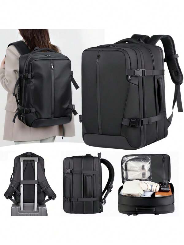 Mochila de Viagem/Academia com Compressão à Vácuo e Capacidade Expansível, com Múltiplos Compartimentos, Adequada para Negócios e Fitness, Cor Preta, Mochila de Viagem | Mochila para Negócios
