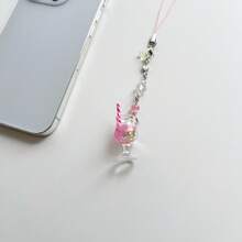 Original Design Y2K Style Cute Summer Cooling Handmade Crystal Beaded Imitation Cocktail Drink Pink Mobile Phone Lanyard Charm, Earphone Case Strap