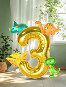 Set de 5 globos con temática de dinosaurio, que incluye globos de papel de aluminio con números dorados y verde salvia de 40 pulgadas + globos de papel de aluminio en miniatura con diseños de dinosaurios, perfectos para fiestas de cumpleaños y decoración con temática de dinosaurios - Multicolor - Ver 20