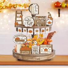 1/70 Sets disponibles, Set de 15 piezas de decoración de bandeja en niveles de madera con temática de Acción de Gracias y otoño, que incluye decoración de bandeja con calabazas de granja, gnomos de otoño, hojas de arce y otros decoraciones de otoño y cosecha para el hogar, sin bandeja