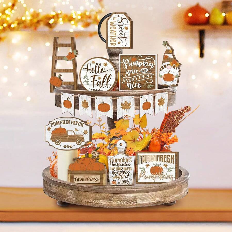 1/70 Sets disponibles, Set de 15 piezas de decoración de bandeja en niveles de madera con temática de Acción de Gracias y otoño, que incluye decoración de bandeja con calabazas de granja, gnomos de otoño, hojas de arce y otros decoraciones de otoño y cosecha para el hogar, sin bandeja
