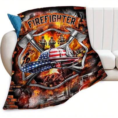 1pc Comfortable Firefighter Graphic Flannel Blanket, Bedroom Decor, Picnic Throw, Travel Blanket, Wool Blanket, Bed Blanket, Plush Blanket, Leisure Blanket, Autumn Blanket, Summer Quilt, Bedroom Blanket, Soft Blanket, Sofa Throw, Breathable Blanket, Soft Polyester Knit Design, Versatile Use, Machine Washable, Ideal Home And Travel Gift For Family And Friends, Cozy Warm Blanket For Bedroom, Sofa, Office, Outdoors, Camping
