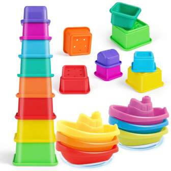 Baby Stacking Toy Bath Toy,6/8/14 PCS Stackable Cups Rainbow Nesting Boats For Toddler 1-3 & 6-18M Baby,Counting Learning And Pattern Recognition Education Toys