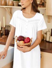 Camisón de mujer Ekouaer de algodón, camisón largo con mangas cortas, con bolsillos, botones y suave ropa de dormir