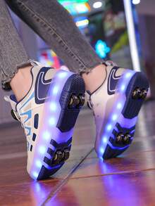 儿童四轮溜冰鞋，男童LED发光溜冰运动鞋，青少年双轮溜冰鞋，PU皮革透气轮式鞋，旋转扣，USB充电闪光灯，可拆卸轮子，二合一，适合男童滑冰