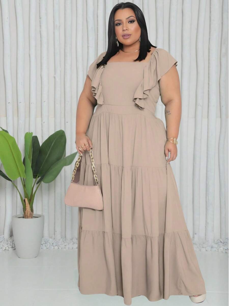 Plus Size Long Dress With Ruffle On The Shoulder - Nude - View 1
