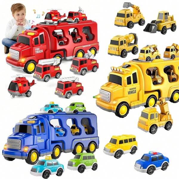 6-in-1 Feuerwehrauto-Spielset, Licht und Ton, rotes ABS Reibungsgetriebe Spielzeugauto, für Jungen und Mädchen von 3-12 Jahren, fantasievolles Spiel, interessantes Spielzeugset