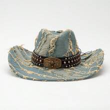 Denim Cowgirl Hat For Women Men Bull Head Belt Distressed Wide Brim Western Cap For Mardi Gras Party - 藍色 - 查看 5