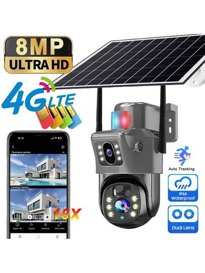 SWVW V380 Pro 10x Zoom 4K Solar Camera 4G SIM Card Dual Lens 8MP High Definition Night Vision Network Closed Circuit Television Monitoring Gimbal PIR Human Detection Alarm Waterproof Built In Battery Camera,4G Outdoor Indoor Security Home Cameras, Wireless IP PTZ None Surveillance Cameras