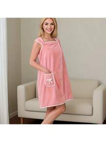 1pc Coral Fleece Robe, Soft Loose Homewear, Towel Wrap Dress, Women Sleeveless Towel Dress, Adult Wearable Bathrobes For Beach, Spa, Sauna, Absorbent Quick Dry Bath Towel, Bathing Supplies Back To School