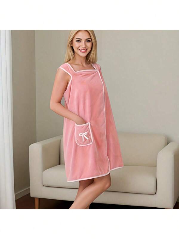 1pc Coral Fleece Robe, Soft Loose Homewear, Towel Wrap Dress, Women Sleeveless Towel Dress, Adult Wearable Bathrobes For Beach, Spa, Sauna, Absorbent Quick Dry Bath Towel, Bathing Supplies Back To School