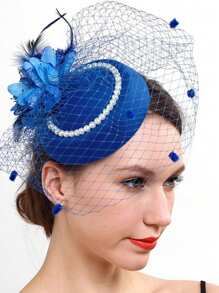 1 Stück Damenhut im europäischen und amerikanischen Stil mit Perlen, Retro Kopfschmuck mit Schleier und Federschmuck, Braut Haaraccessoire