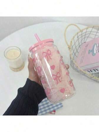 少女粉色印花玻璃杯，带防漏盖和可重复使用吸管，创意蝴蝶结图案饮水瓶，适用于果汁、咖啡、奶茶，居家旅行学生便携、学生办公室通用、厨房配件、家居装饰、圣诞礼物