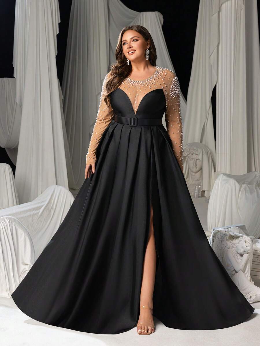 Elisanya Curve Plus Deep-V Neckline Long-Sleeved Evening Gown With ...