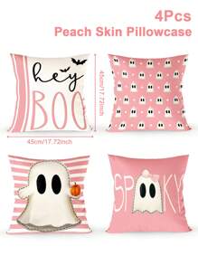 4 buc. Fețe de pernă moi și confortabile pentru decorațiuni de Halloween, fețe de pernă roz cu model înfricoșător de piersică, model "piele de piersică", Halloween, decorațiuni pentru petrecere, Halloween, decorațiuni pentru casă, decorațiuni pentru cameră, huse de pernă pentru canapea extensibilă, cadouri de Halloween, Crăciun