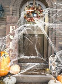 1 套蜘蛛网万圣节装饰赠品，含 60 只假蜘蛛，超强弹性蜘蛛网，适用于万圣节室内外派对用品