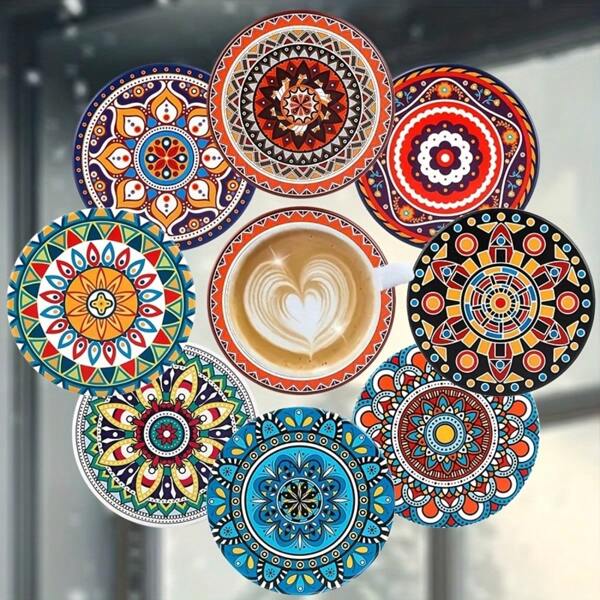 8pcs/Set Stylish Wooden Coaster Set - Art Design, Heat Resistant & Anti-Slip Drink Mats, Suitable For Home & Office Decor, Applicable For Party & Holiday
