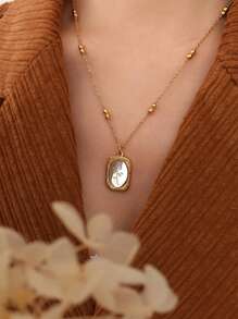 1pc Stainless Steel Vintage Etched Rose Flower Pendant Necklace With Bead Chain, Women