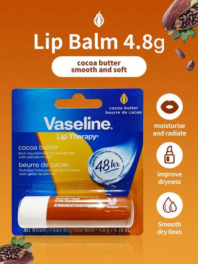  1pc 4.8g Vaseline Cocoa Lip Balm, Nourishing & Repairing, Cocoa Extract + Micro-Crystalline Wax, Creamy & Smooth Texture, Fades Lip Lines & Prevents Chapping, Lip Balm Suitable For All Skin Types, Daily Use In Autumn/Winter