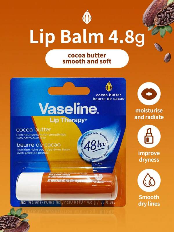 Vaseline 1支4.8克凡士林可可润唇膏，滋养修护，蕴含可可提取物和微晶蜡，质地柔滑细腻，淡化唇纹，防止唇部干裂，适合所有肤质，秋冬季日常使用。