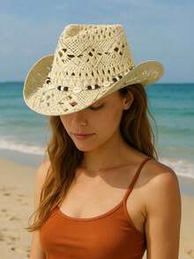 1pc Bohemian Shell Hollow-Out Straw Hat, Western Cowgirl Beach Sun Hat, Mother's Day Gift, Suitable For Vacation, Photography, Daily Wear, Hiking, Beach