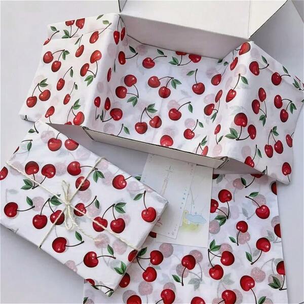 1 paquete de papel de seda para envolver regalos con estampado de cerezas, lindo y de moda, de 50*35cm, papel fino adecuado para envolver regalos, proteger prendas de humedad, empaquetar vino, rellenar cajas de regalo, protección de artículos frágiles, decoración para cumpleaños, San Valentín, regalos de Navidad