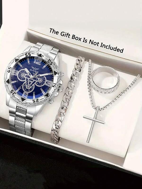 4pcs/Set Business Casual Steel Band Watch With Blue Glass Dial, Men's Classic Numeric Mechanical Quartz Wristwatch + Cross Necklace, Ring, Bracelet - No Gift Box