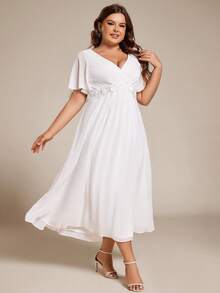 Elegant V-Neck Ruffle Sleeves Applique White Dress For Summer Wedding Parties Bridal Shower Gown Midi Dress - White - View 3