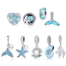 WOSTU 1 Stück 925 Sterling Silber Charm Muschel Meerjungfrau Fischschwanz mit blauem CZ Stein für Halskette & Armband DIY Sommer Schmuckgeschenk