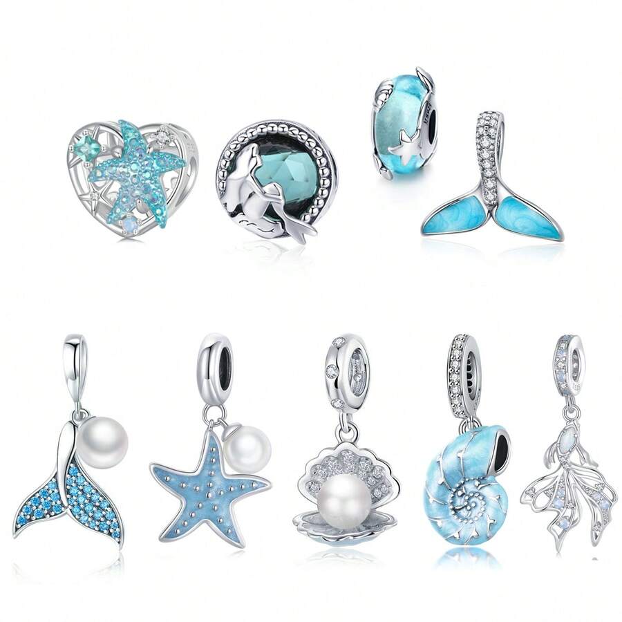 WOSTU 1 Stück 925 Sterling Silber Charm Muschel Meerjungfrau Fischschwanz mit blauem CZ Stein für Halskette & Armband DIY Sommer Schmuckgeschenk