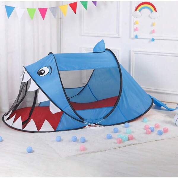 180 X 85 X 100 Cm Spielzelt Mit Haifischmotiv Und Reißverschluss, Faltbares Tier-Cartoon-Zelt Mit Dreiseitiger Belüftung, Pop-up-Zeltspielzeug Für Schlafzimmer, Strand, Gras, Park, Hinterhof, Blau