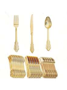 75-Piece Golden Dragon Pattern Party Decorative Cutlery Set (Repeatable For Cleaning), Including 25-Piece Cutlery Knife, 25-Piece Fork, 25 Tablespoons, High-Quality Wedding Cutlery Including Large Events, Parties, Birthdays, Dinners, New Year And New Year And New Year's Wedding And New Year