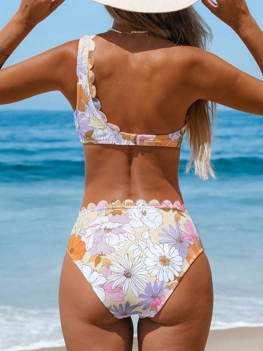 Women's Bikini Sets Two Piece Bathing Suit One Shoulder Mid Rise Scalloped Wide Strap Back Hook - 粉色 - 查看 1