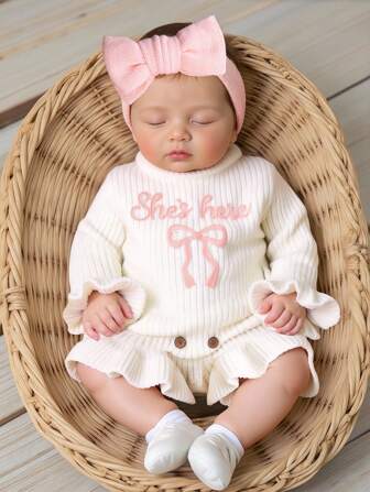 مجموعة وليد جديد "هي هنا" عقدة مطرزة مع شريطة للرأس طقم منسوج، دعامة للتصوير الفوتوغرافي للرضع، ومجموعة العماد