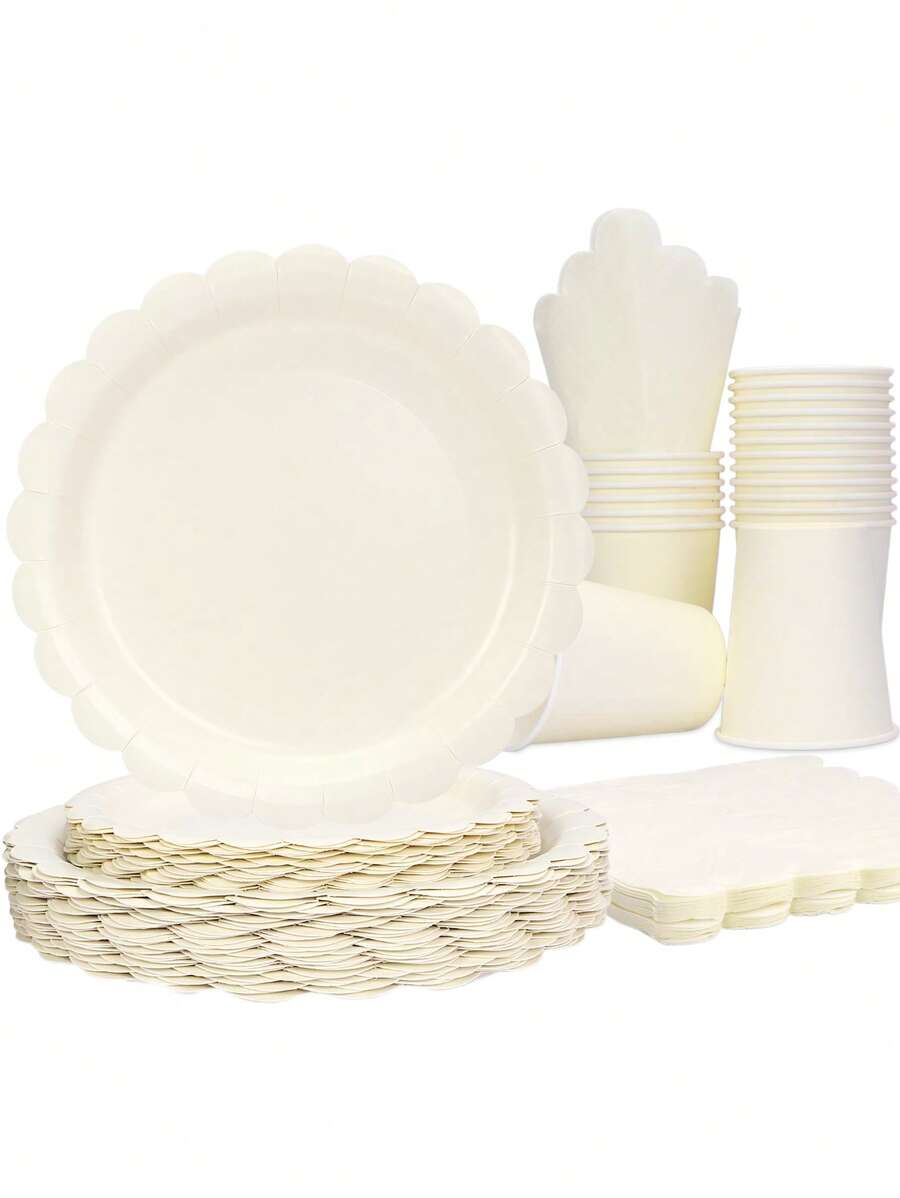 10pcs Ivory Paper Plates Cups And Napkins Dinnerware Supplies Set Cream Party Supplies Include Ivory Scalloped Paper Plates Cocktail Napkins Cups Beige Cake Dessert Dinner Plate For Baby-Shower Birthday Wedding Party - Beige - View 1